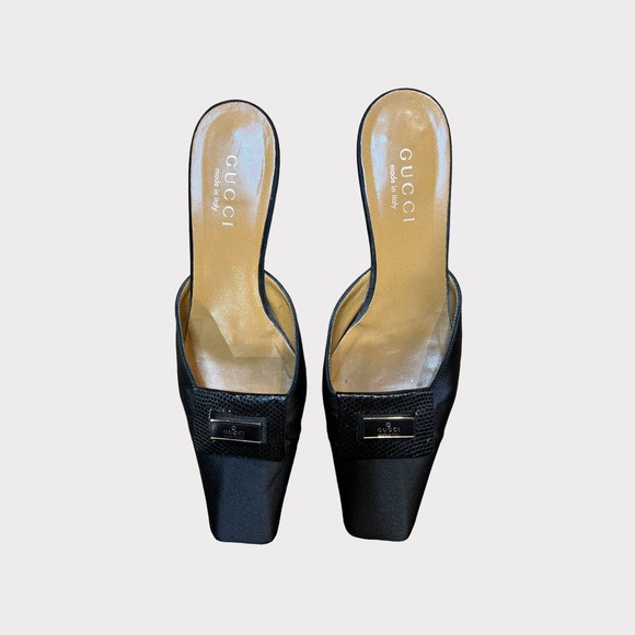Gucci Satin Mules Womens Size 7 Black Leather Square Toe Slip On Shoes - Picture 4 of 13